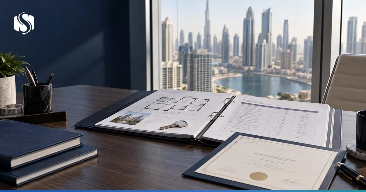 A Dubai brokerage transaction file open on a desk beside a signed attendance register and a training certificate
