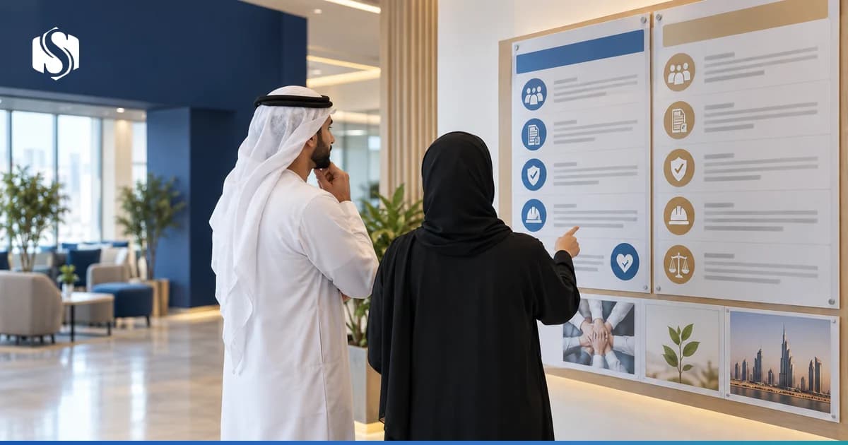 A UAE workplace noticeboard carrying safety and rights instructions in Arabic and in a second language