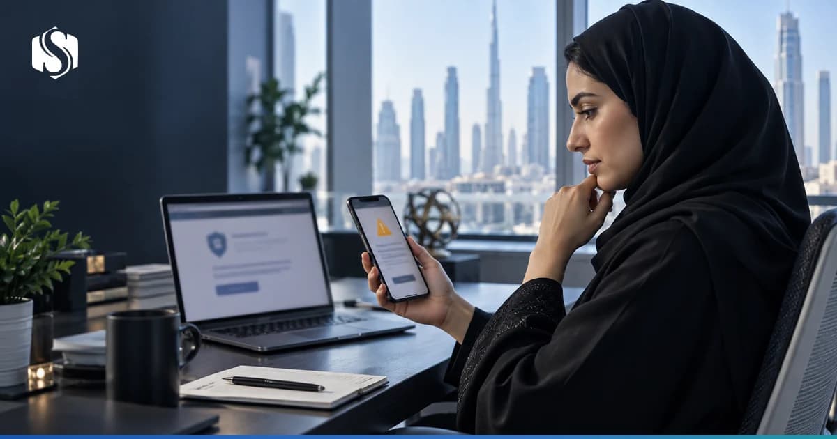 A phone and a laptop showing a suspicious message side by side with a UAE police reporting page, representing where an employee in the Emirates reports phishing.