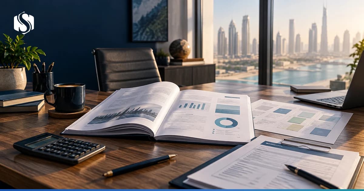 A business plan open on a desk beside a one-page business model canvas and a lender's application file, representing what a UAE funder asks a small business to produce.