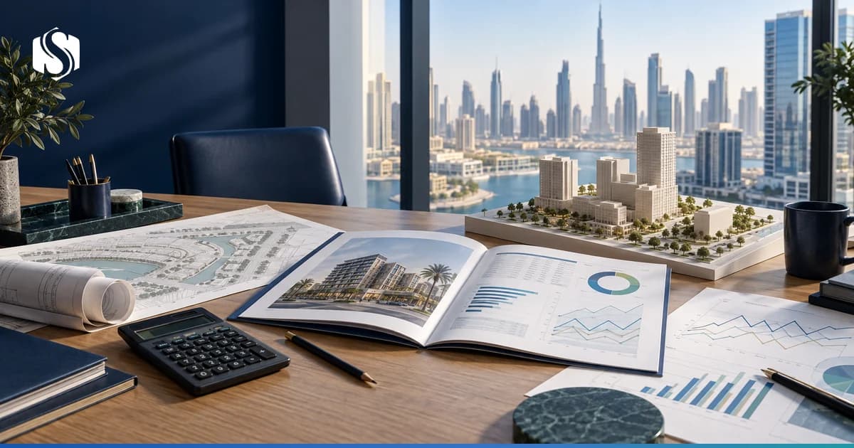 A costed project study open on a desk beside a calculator and a site plan, representing the work done before an investment decision in the UAE.