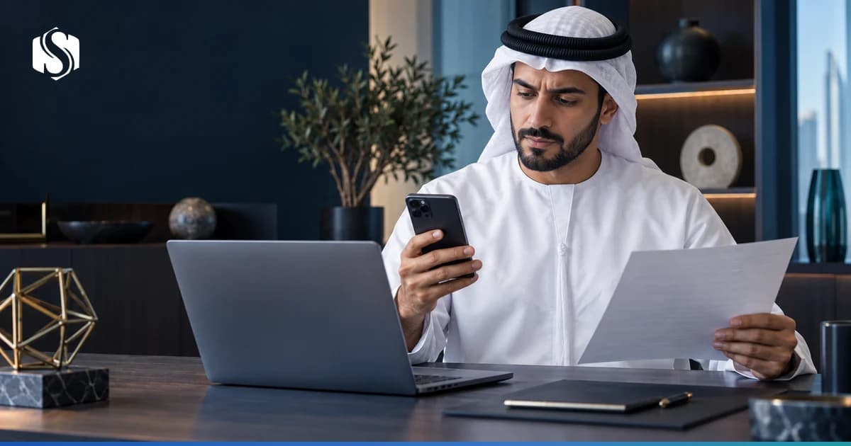 A finance officer holding a phone away from their ear while looking at a payment screen, representing the moment a cloned voice asks a UAE company for a transfer.