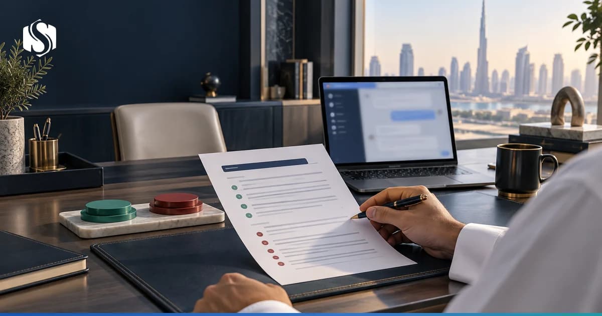 A one-page workplace AI rule on a desk beside a laptop showing a chat window, representing the written acceptable use decision a UAE employer has to make.