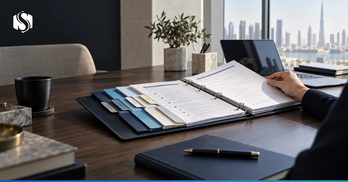 A compliance officer's desk with an AML policy file, customer due diligence folders and a training attendance register laid out for inspection.