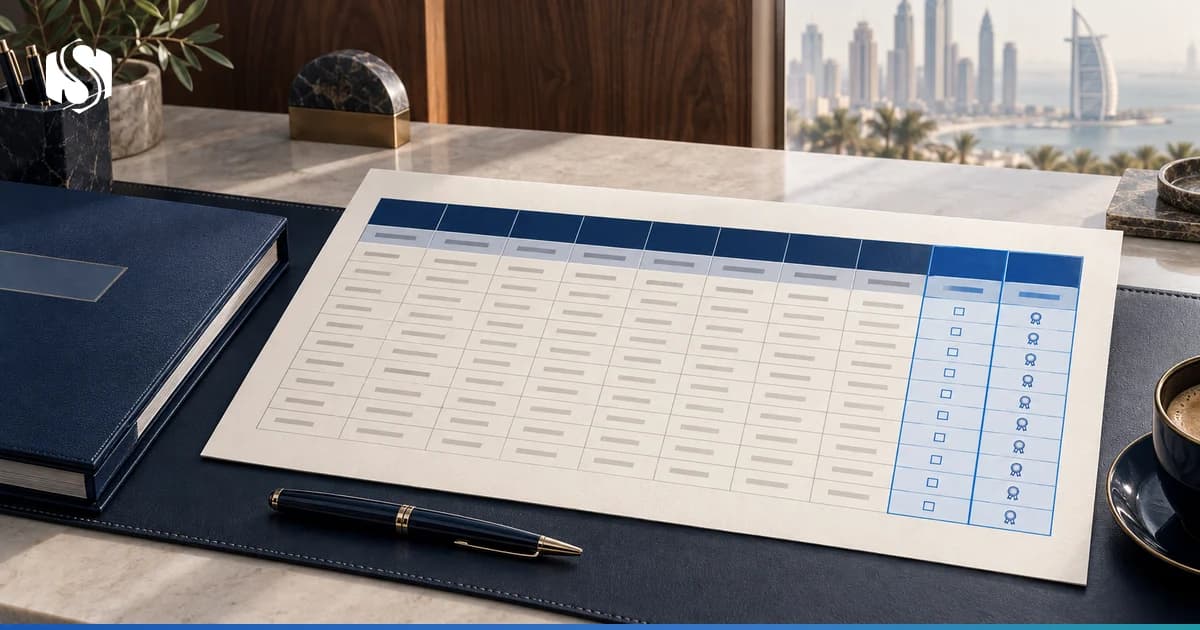 A ten-column AML training register laid out in English and Arabic, with the assessment result and certificate reference columns highlighted.