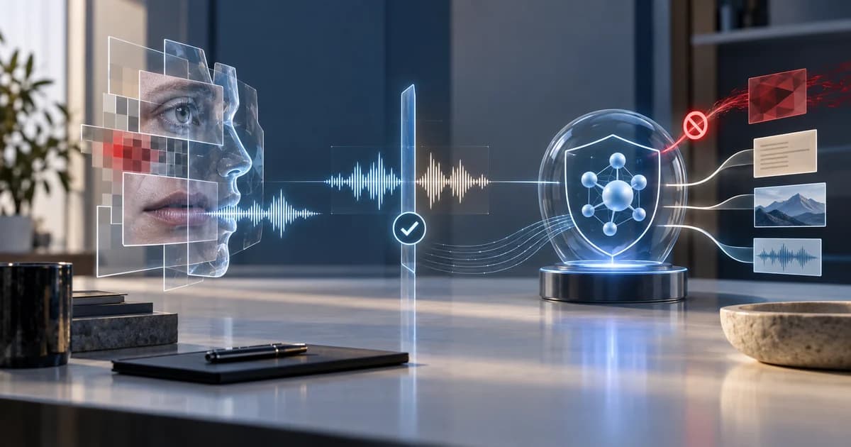 إشارات وجه وصوت اصطناعية تمر عبر ضوابط تحقق بينما يتم حظر مدخل ضار.