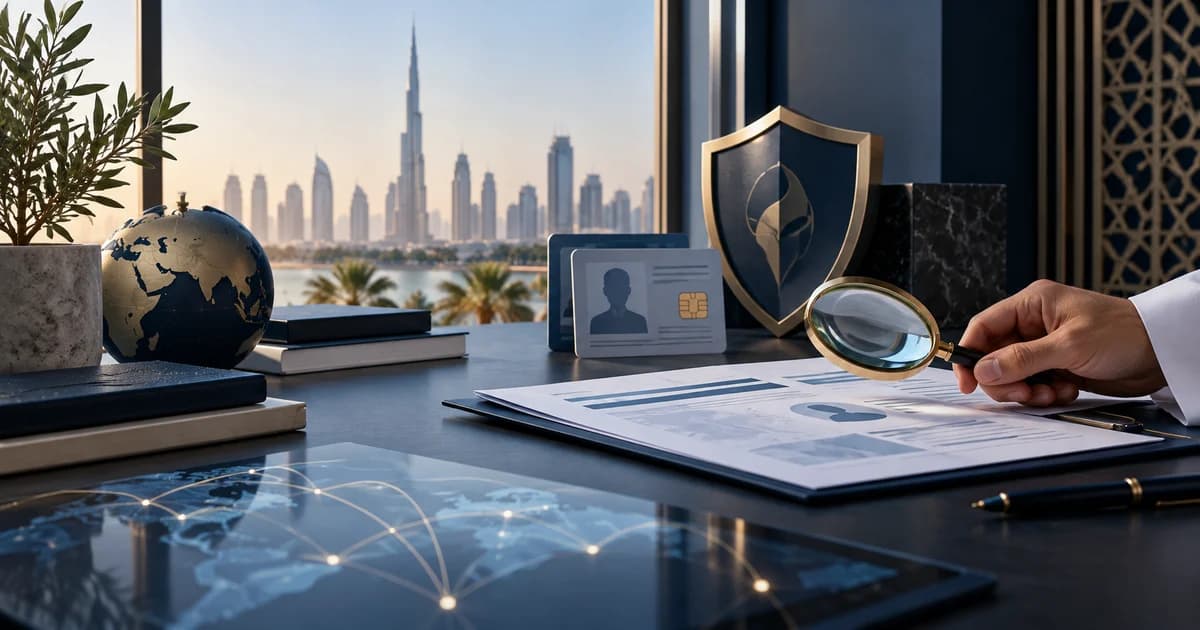 مكتب امتثال يضم مستندات لمراجعة المعاملات والتحقق من الهوية ودرع حماية مطل على مدينة إماراتية.