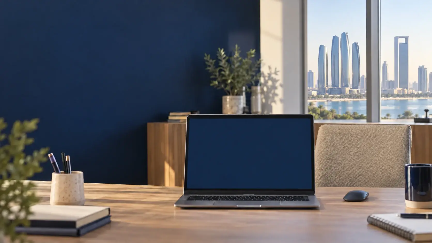 An empty office with a laptop and Abu Dhabi waterfront towers visible through the window
