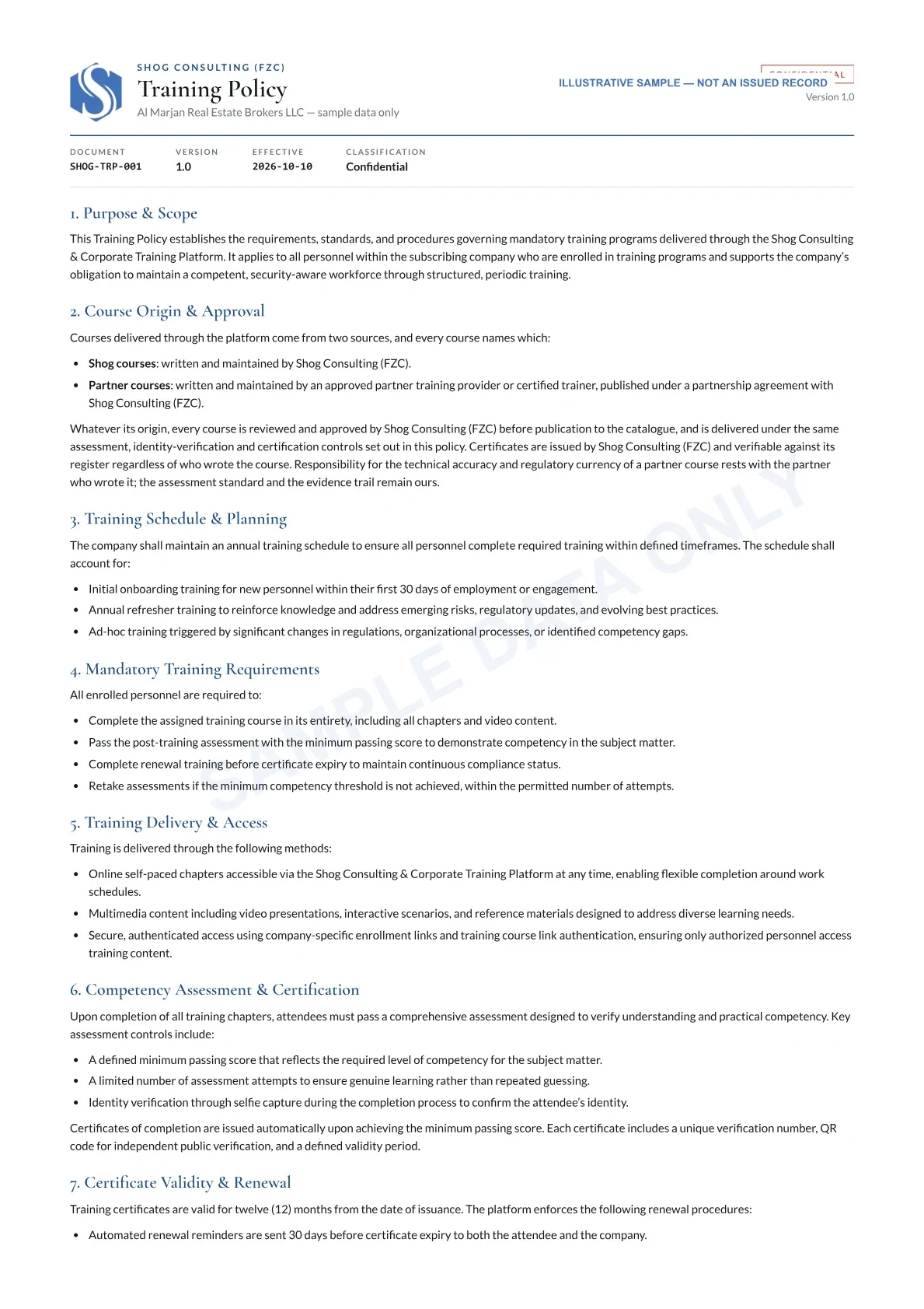 Training Policy — Sample data · Not an issued record