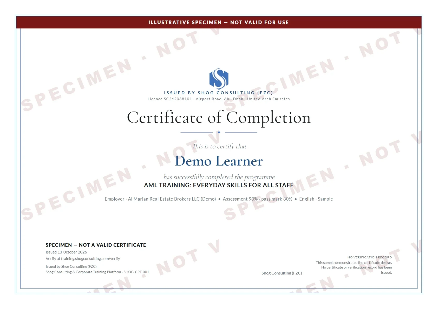 Shog certificate of completion for the AML training course, generated from the real template with clearly marked sample data