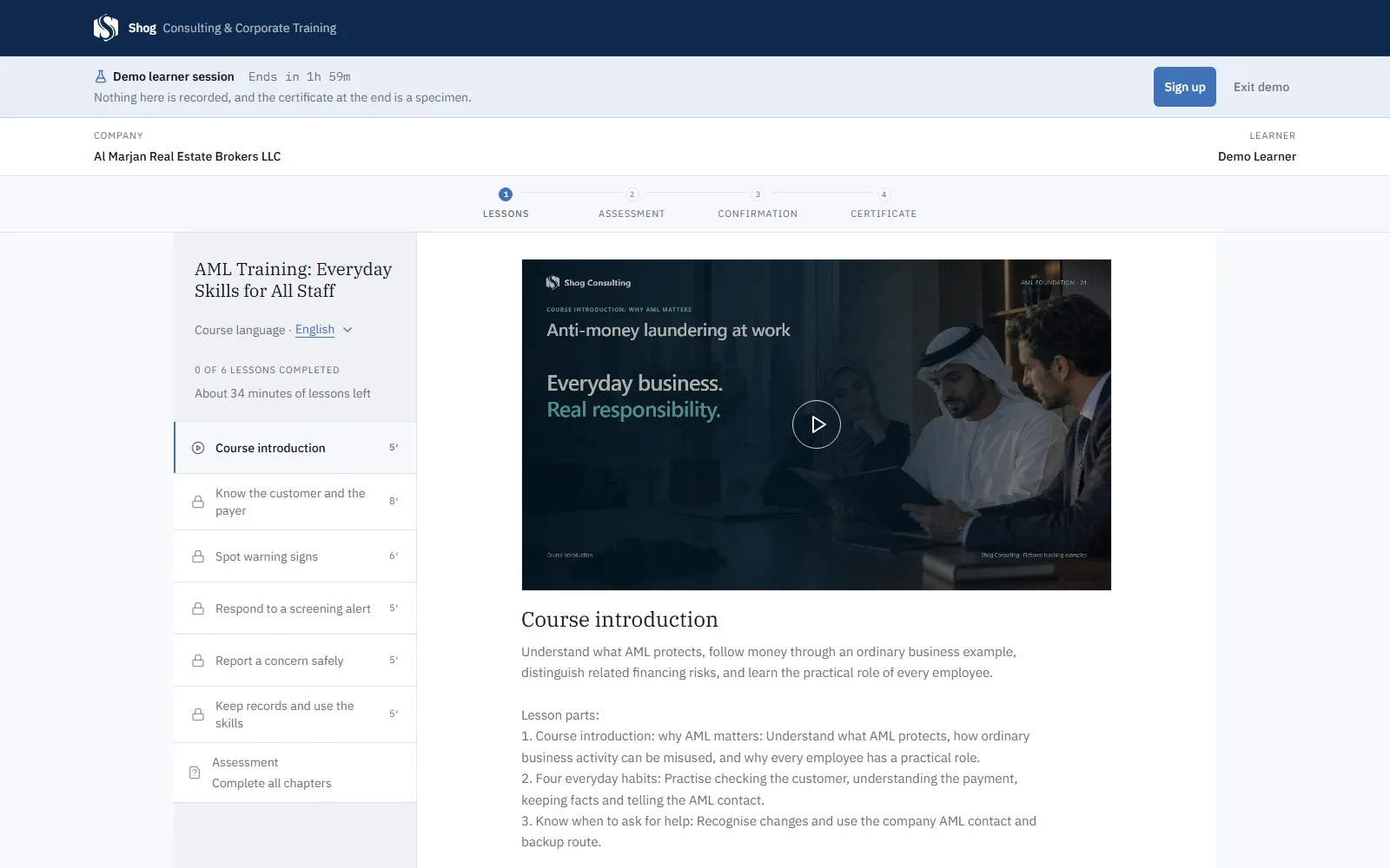 The real Shog learner course interface with demo data